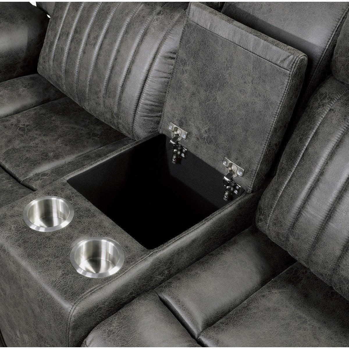 Centeroak Brownish Gray Polished Microfiber Upholstery Double Reclining Loveseat Center Console - Ella Furniture