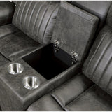 Centeroak Brownish Gray Polished Microfiber Upholstery Double Reclining Loveseat Center Console - Ella Furniture