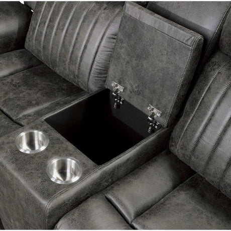 Centeroak Brownish Gray Polished Microfiber Upholstery Double Reclining Loveseat Center Console - Ella Furniture