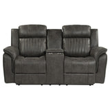 Centeroak Brownish Gray Polished Microfiber Upholstery Double Reclining Loveseat Center Console - Ella Furniture