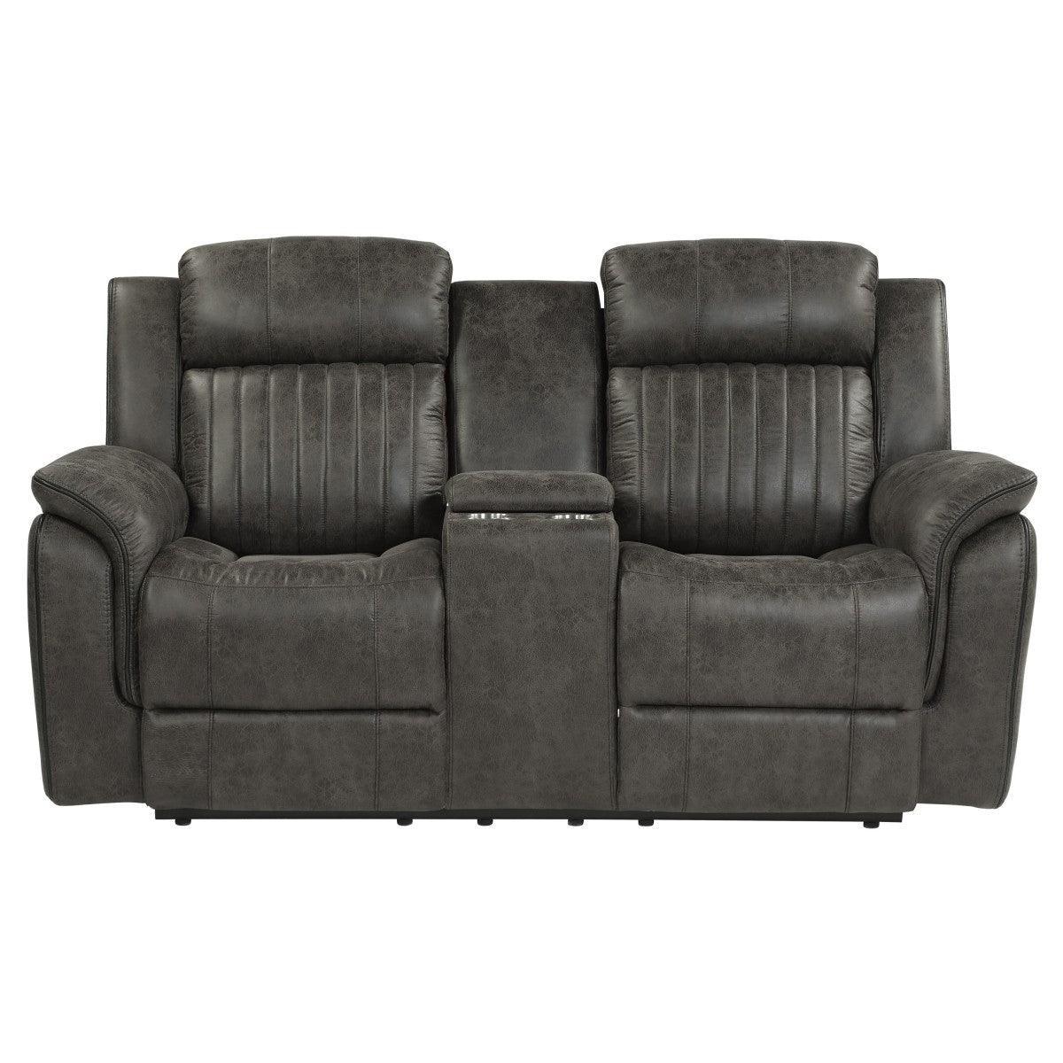 Centeroak Brownish Gray Polished Microfiber Upholstery Double Reclining Loveseat Center Console - Ella Furniture