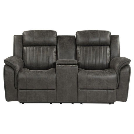 Centeroak Brownish Gray Polished Microfiber Upholstery Double Reclining Loveseat Center Console - Ella Furniture