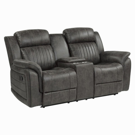 Centeroak Brownish Gray Polished Microfiber Upholstery Double Reclining Loveseat Center Console - Ella Furniture