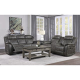 Centeroak Brownish Gray Polished Microfiber Upholstery Double Reclining Loveseat Center Console - Ella Furniture