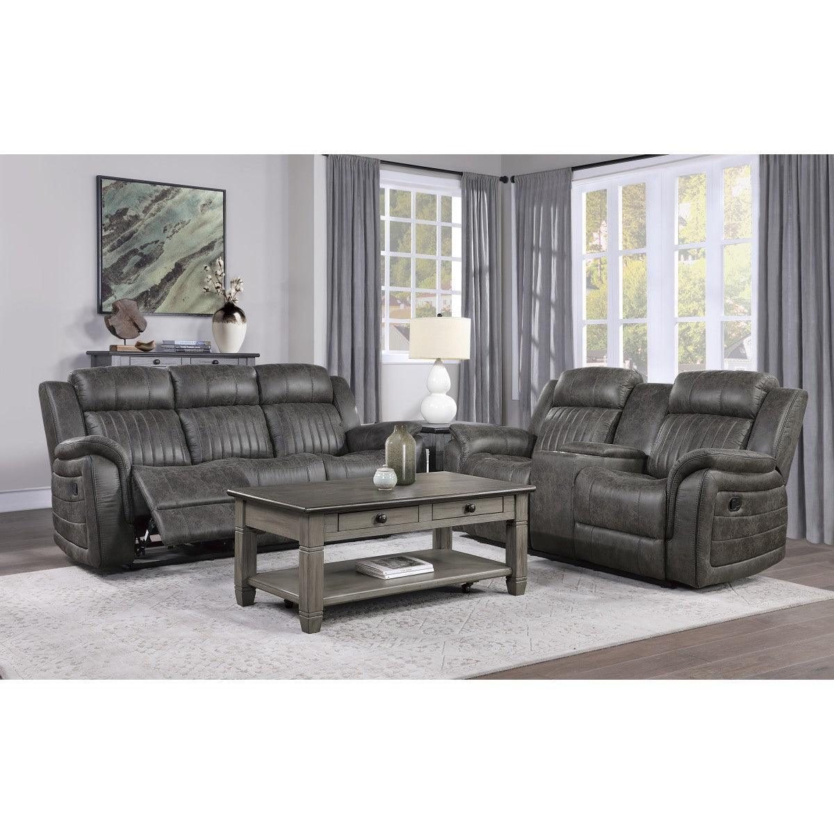Centeroak Brownish Gray Polished Microfiber Upholstery Double Reclining Loveseat Center Console - Ella Furniture