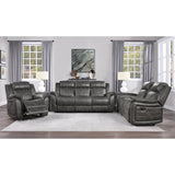 Centeroak Brownish Gray Polished Microfiber Upholstery Double Reclining Loveseat Center Console - Ella Furniture