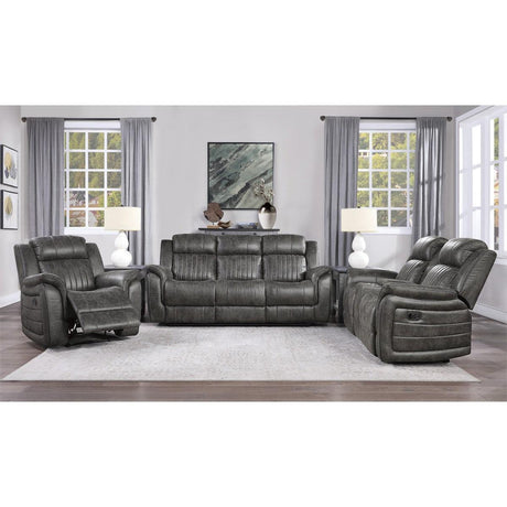 Centeroak Brownish Gray Solid Wood, Plywood Polished Microfiber Upholstery Double Reclining Sofa - Ella Furniture