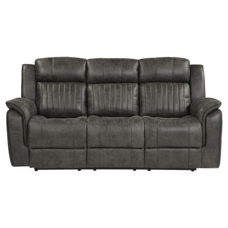Centeroak Brownish Gray Solid Wood, Plywood Polished Microfiber Upholstery Double Reclining Sofa - Ella Furniture