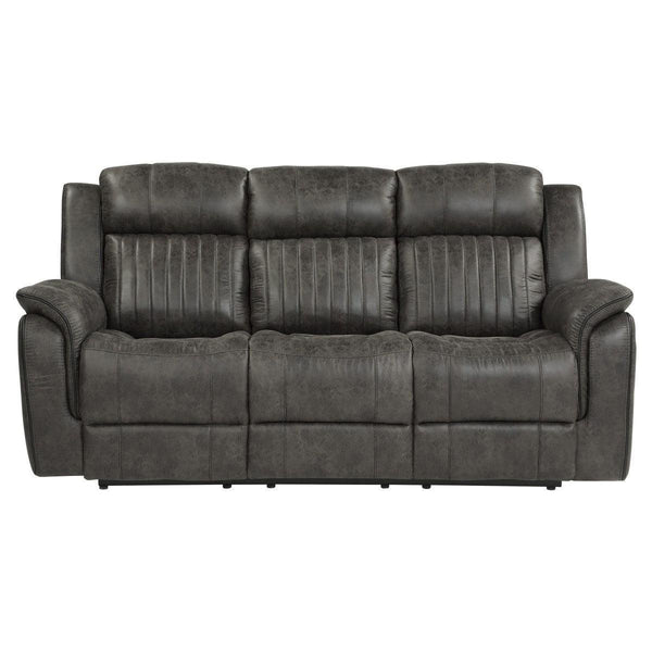 Centeroak Brownish Gray Solid Wood, Plywood Polished Microfiber Upholstery Double Reclining Sofa - Ella Furniture