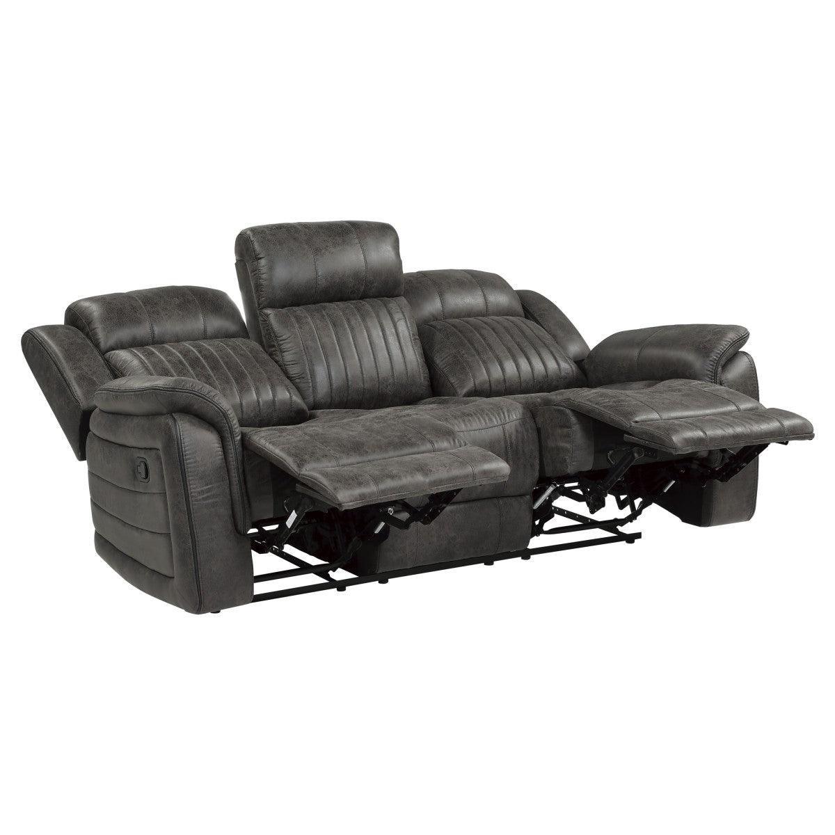Centeroak Brownish Gray Solid Wood, Plywood Polished Microfiber Upholstery Double Reclining Sofa - Ella Furniture