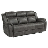Centeroak Brownish Gray Solid Wood, Plywood Polished Microfiber Upholstery Double Reclining Sofa - Ella Furniture