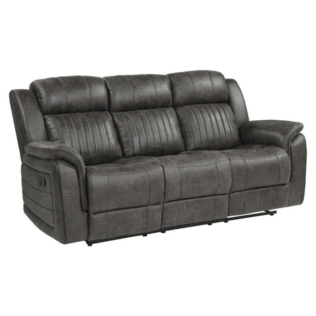 Centeroak Brownish Gray Solid Wood, Plywood Polished Microfiber Upholstery Double Reclining Sofa - Ella Furniture