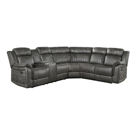 Centeroak Browish Gray Solid Wood Faux Suede Fabric 3-Piece Reclining Sectional With Left Console - Ella Furniture