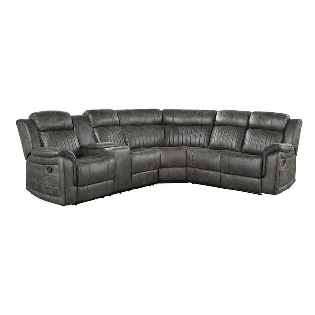 Centeroak Browish Gray Solid Wood Faux Suede Fabric 3-Piece Reclining Sectional With Left Console - Ella Furniture