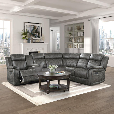 Centeroak Browish Gray Solid Wood Faux Suede Fabric 3-Piece Reclining Sectional With Left Console - Ella Furniture