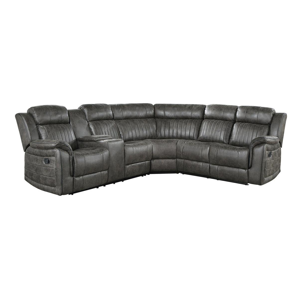 Centeroak Browish Gray Solid Wood Faux Suede Fabric 3-Piece Reclining Sectional With Left Console - Ella Furniture