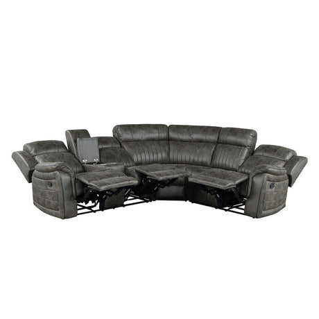 Centeroak Browish Gray Solid Wood Faux Suede Fabric 3-Piece Reclining Sectional With Left Console - Ella Furniture