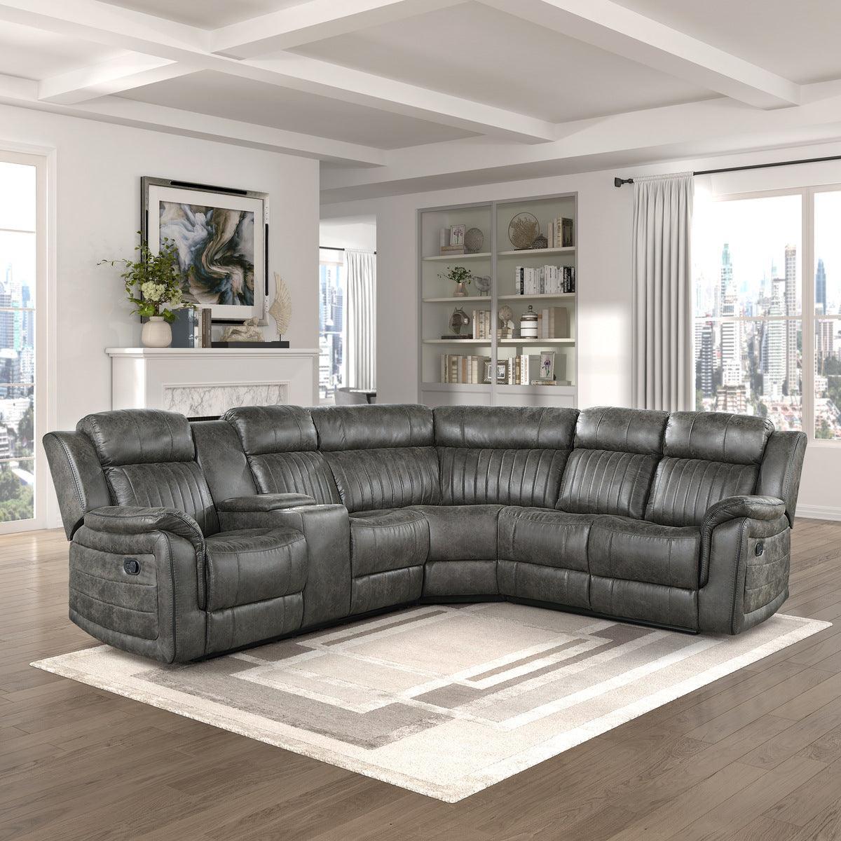 Centeroak Browish Gray Solid Wood Faux Suede Fabric 3-Piece Reclining Sectional With Left Console - Ella Furniture