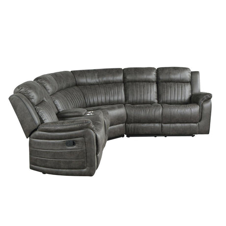 Centeroak Browish Gray Solid Wood Faux Suede Fabric 3-Piece Reclining Sectional With Left Console - Ella Furniture