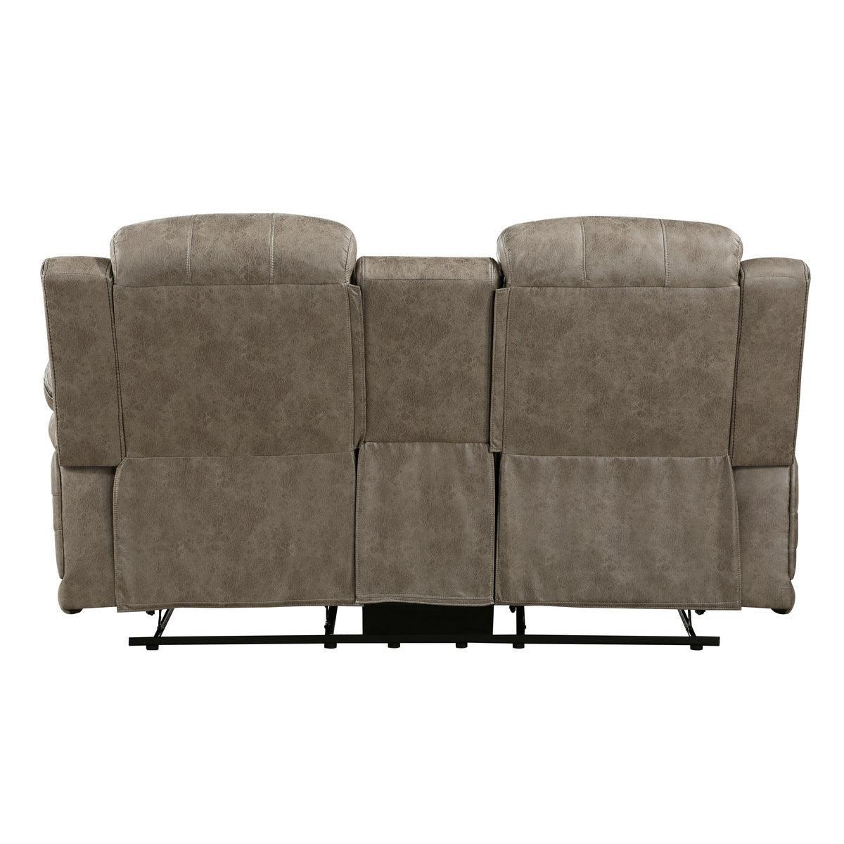 Centeroak Sandy Brown Polished Microfiber Upholstery Double Reclining Loveseat With Center Console - Ella Furniture