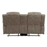 Centeroak Sandy Brown Polished Microfiber Upholstery Double Reclining Loveseat With Center Console - Ella Furniture