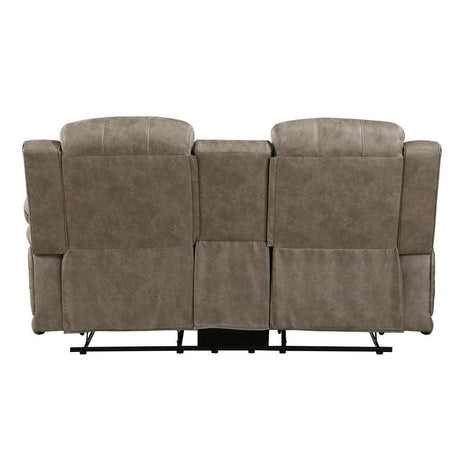 Centeroak Sandy Brown Polished Microfiber Upholstery Double Reclining Loveseat With Center Console - Ella Furniture