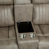 Centeroak Sandy Brown Polished Microfiber Upholstery Double Reclining Loveseat With Center Console - Ella Furniture