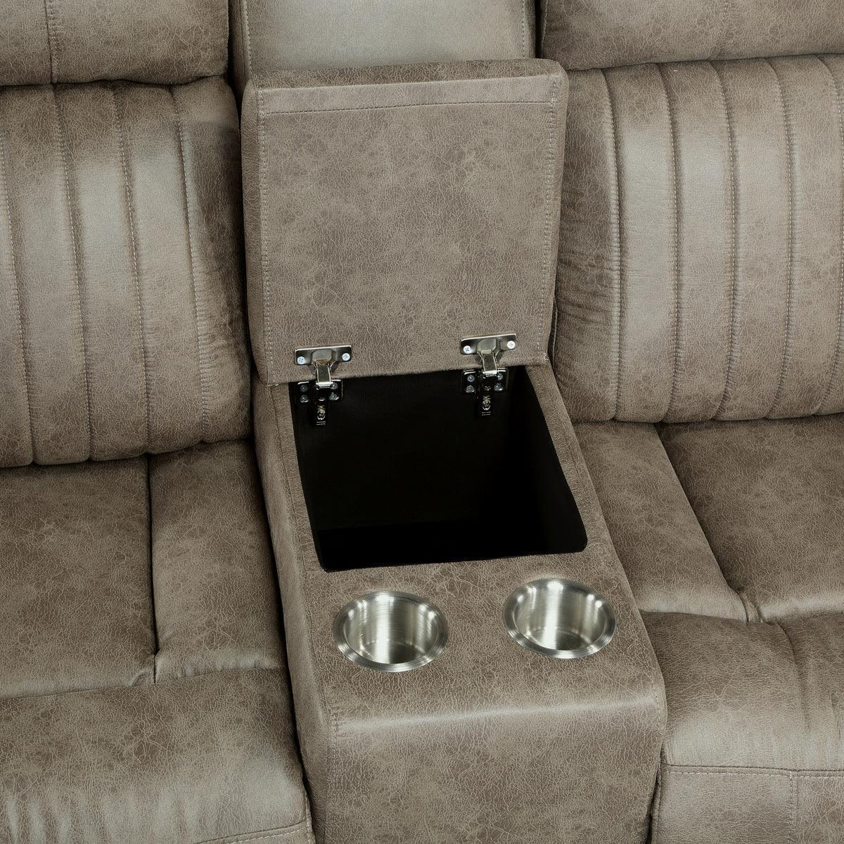 Centeroak Sandy Brown Polished Microfiber Upholstery Double Reclining Loveseat With Center Console - Ella Furniture