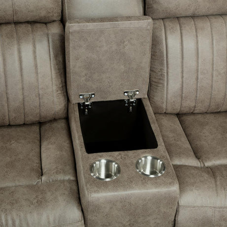 Centeroak Sandy Brown Polished Microfiber Upholstery Double Reclining Loveseat With Center Console - Ella Furniture
