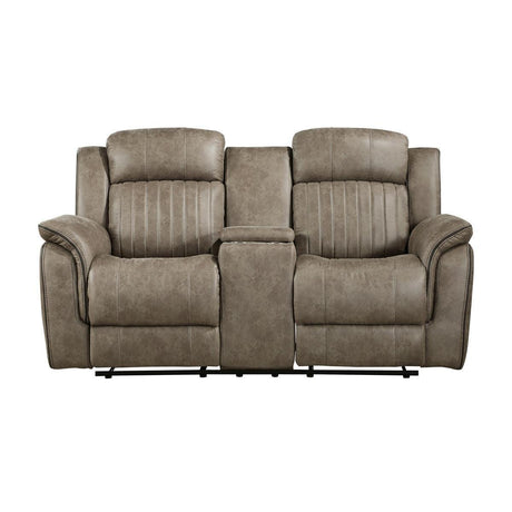 Centeroak Sandy Brown Polished Microfiber Upholstery Double Reclining Loveseat With Center Console - Ella Furniture
