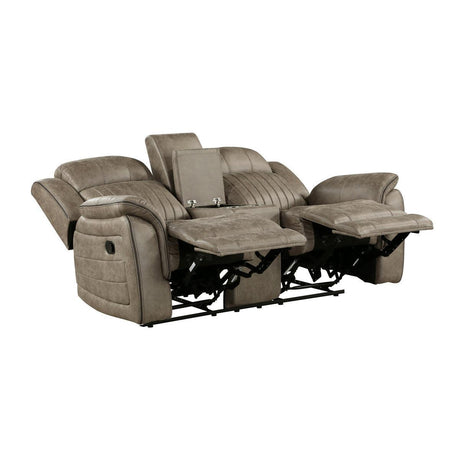 Centeroak Sandy Brown Polished Microfiber Upholstery Double Reclining Loveseat With Center Console - Ella Furniture