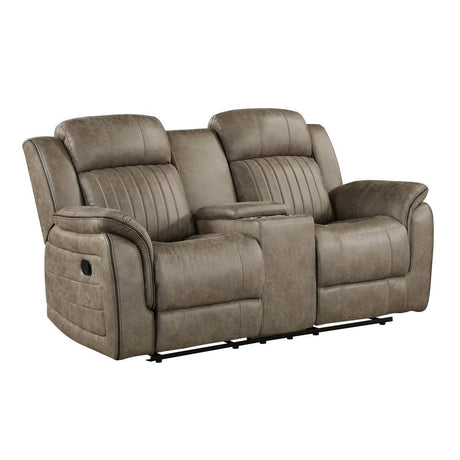 Centeroak Sandy Brown Polished Microfiber Upholstery Double Reclining Loveseat With Center Console - Ella Furniture