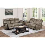 Centeroak Sandy Brown Polished Microfiber Upholstery Double Reclining Loveseat With Center Console - Ella Furniture