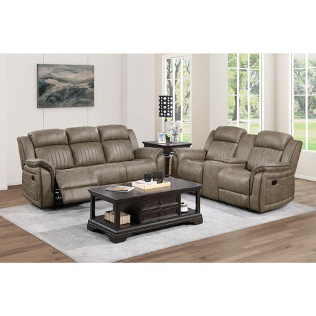 Centeroak Sandy Brown Solid Wood And Plywood Polished Microfiber Upholstery Double Reclining Sofa - Ella Furniture