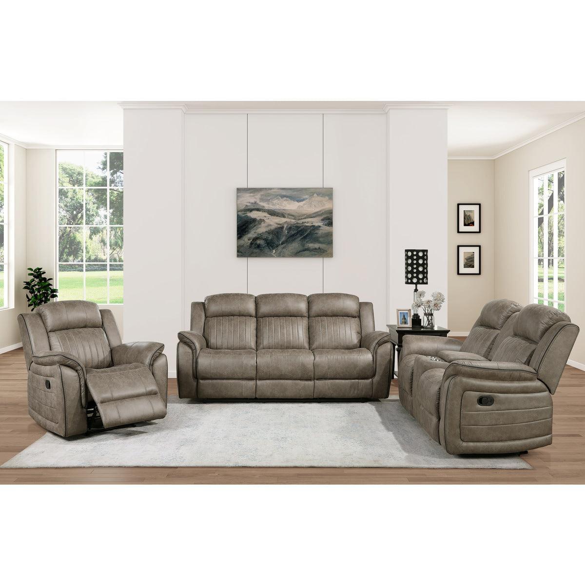 Centeroak Sandy Brown Polished Microfiber Upholstery Double Reclining Loveseat With Center Console - Ella Furniture
