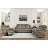 Centeroak Sandy Brown Solid Wood And Plywood Polished Microfiber Upholstery Double Reclining Sofa - Ella Furniture