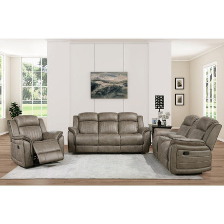 Centeroak Sandy Brown Solid Wood And Plywood Polished Microfiber Upholstery Double Reclining Sofa - Ella Furniture