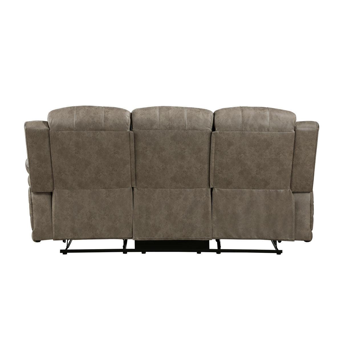 Centeroak Sandy Brown Solid Wood And Plywood Polished Microfiber Upholstery Double Reclining Sofa - Ella Furniture