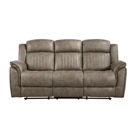 Centeroak Sandy Brown Solid Wood And Plywood Polished Microfiber Upholstery Double Reclining Sofa - Ella Furniture