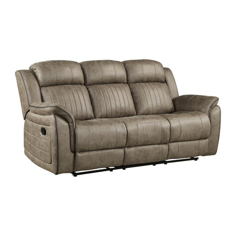 Centeroak Sandy Brown Solid Wood And Plywood Polished Microfiber Upholstery Double Reclining Sofa - Ella Furniture