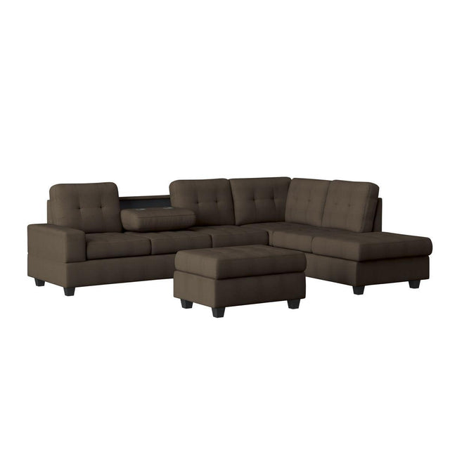 Maston Brown Fabric 2-Piece Reversible Sectional With Drop-down Cup Holders And Storage Ottoman - Ella Furniture