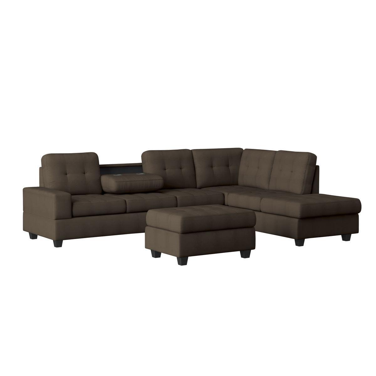 Maston Brown Fabric 2-Piece Reversible Sectional With Drop-down Cup Holders And Storage Ottoman - Ella Furniture