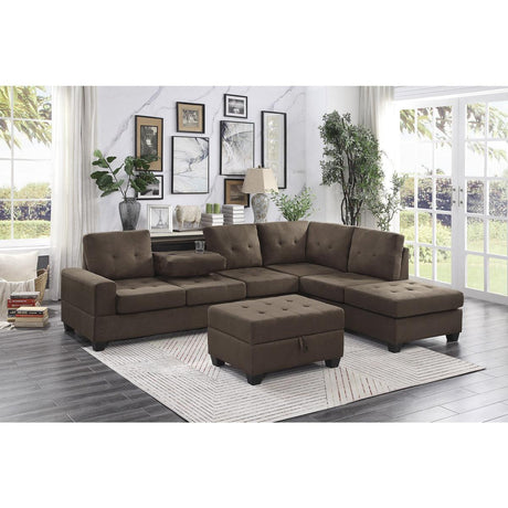 Maston Brown Fabric 2-Piece Reversible Sectional With Drop-down Cup Holders And Storage Ottoman - Ella Furniture