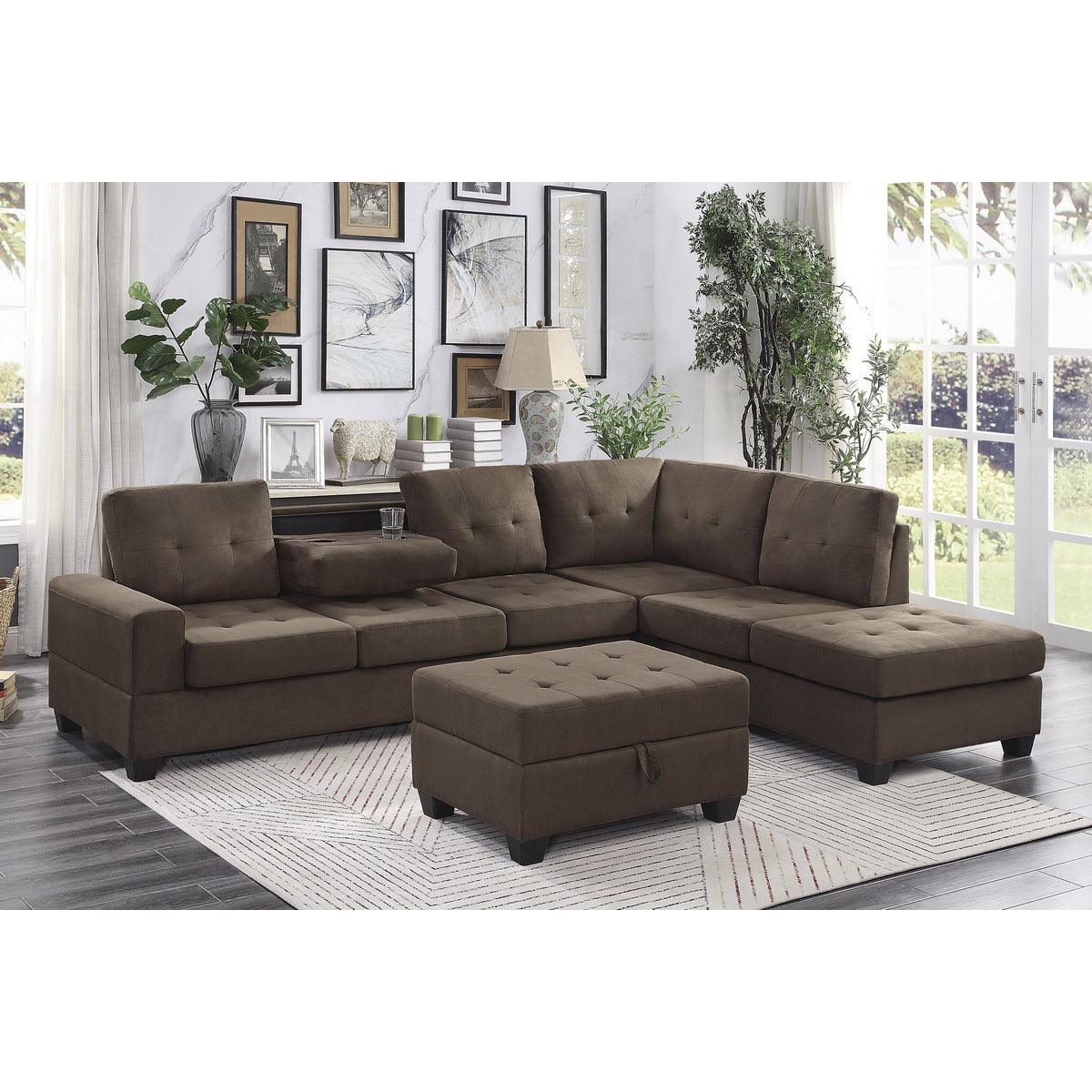 Maston Chocolate Microfiber Fabric Upholstery 2-Piece Reversible Sectional Drop-down Cup Holders - Ella Furniture