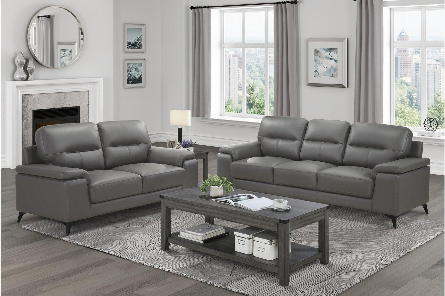 Mischa Dark Gray Solid Wood And Plywood Top Grain Leather Upholstery 2Pc Set: Sofa, Love - Ella Furniture