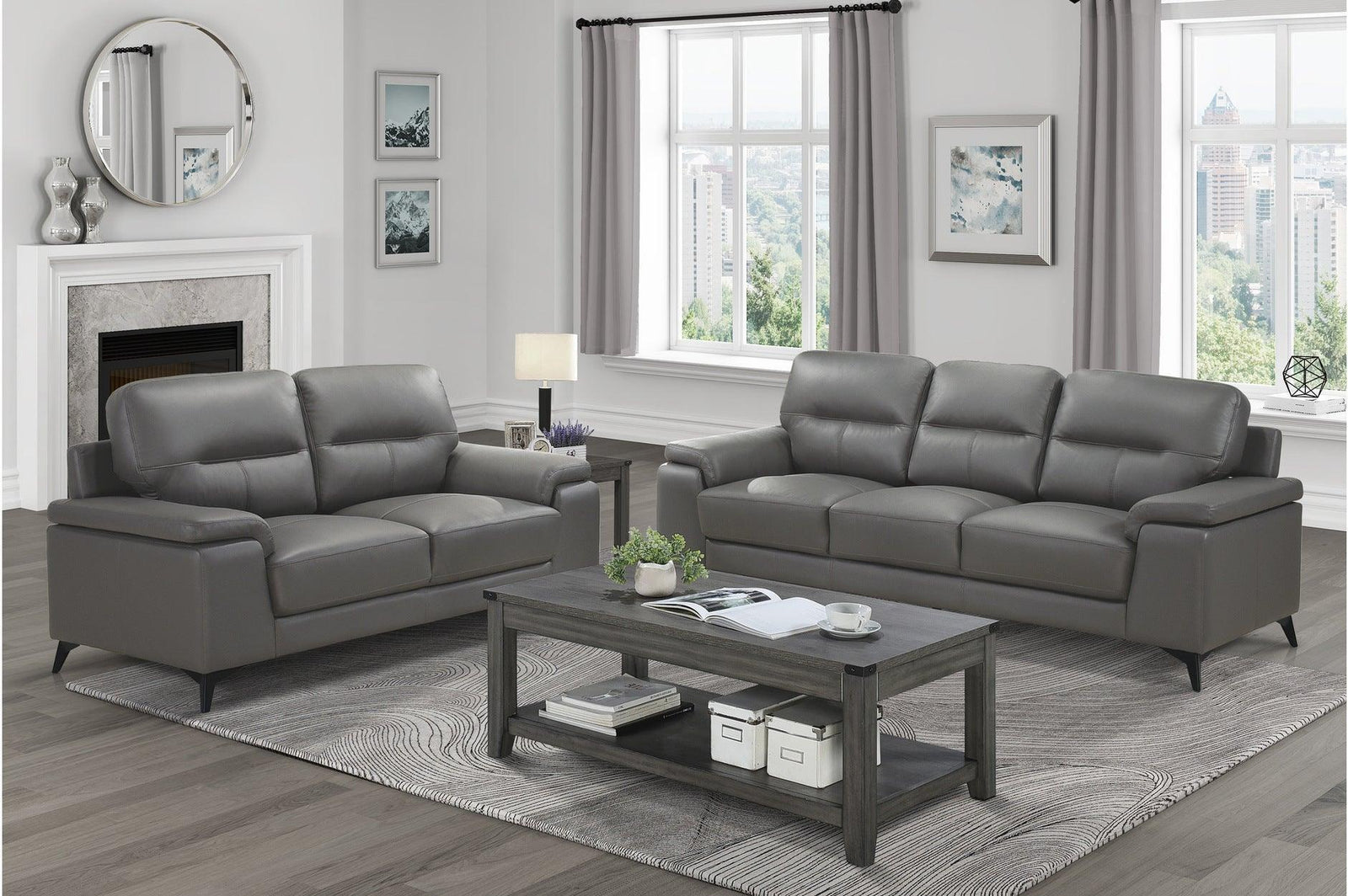 Mischa Dark Gray Solid Wood And Plywood Top Grain Leather Upholstery 2Pc Set: Sofa, Love - Ella Furniture