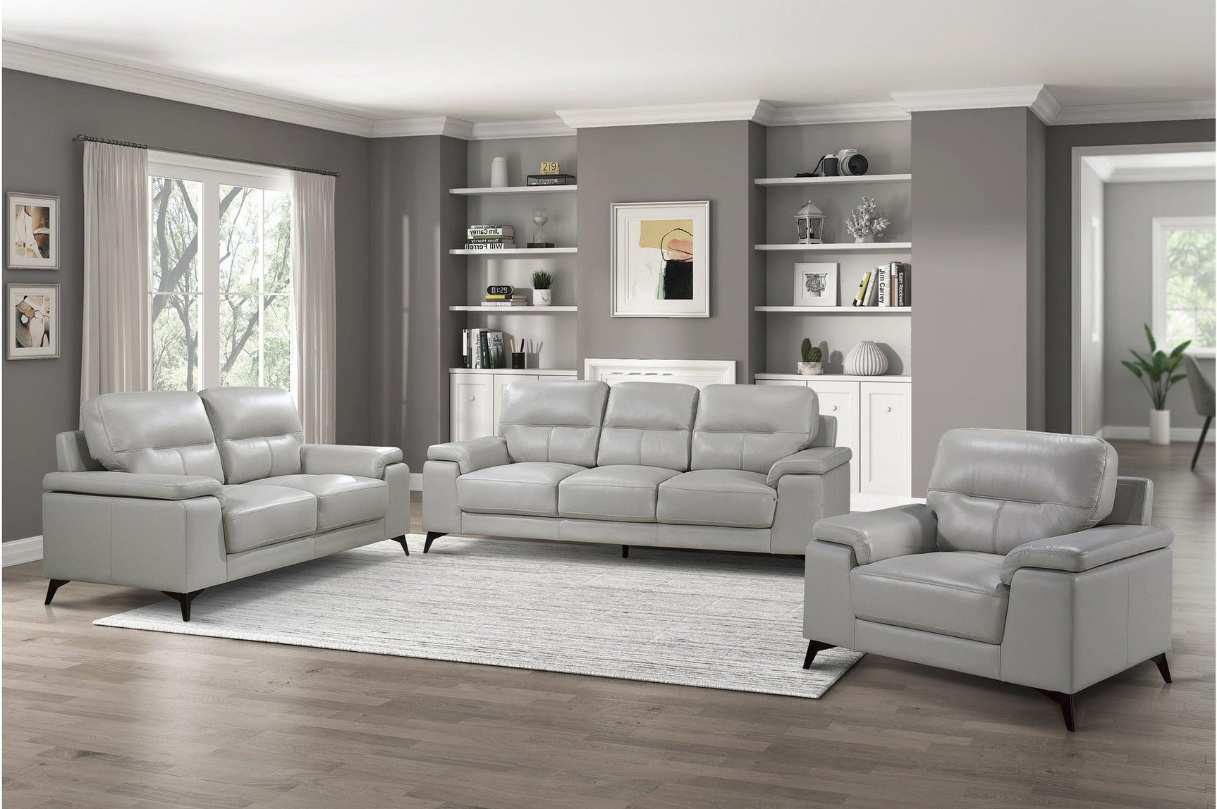Mischa Silver Solid Wood And Plywood Top Grain Leather Upholstery 2Pc Set: Sofa, Love - Ella Furniture