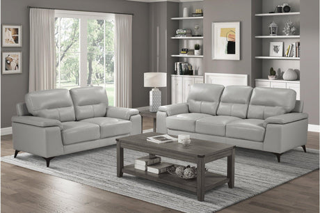 Mischa Silver Solid Wood And Plywood Top Grain Leather Upholstery 2Pc Set: Sofa, Love - Ella Furniture