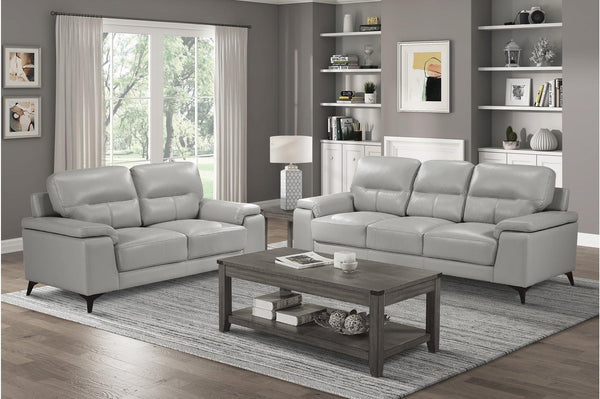 Mischa Silver Solid Wood And Plywood Top Grain Leather Upholstery 2Pc Set: Sofa, Love - Ella Furniture
