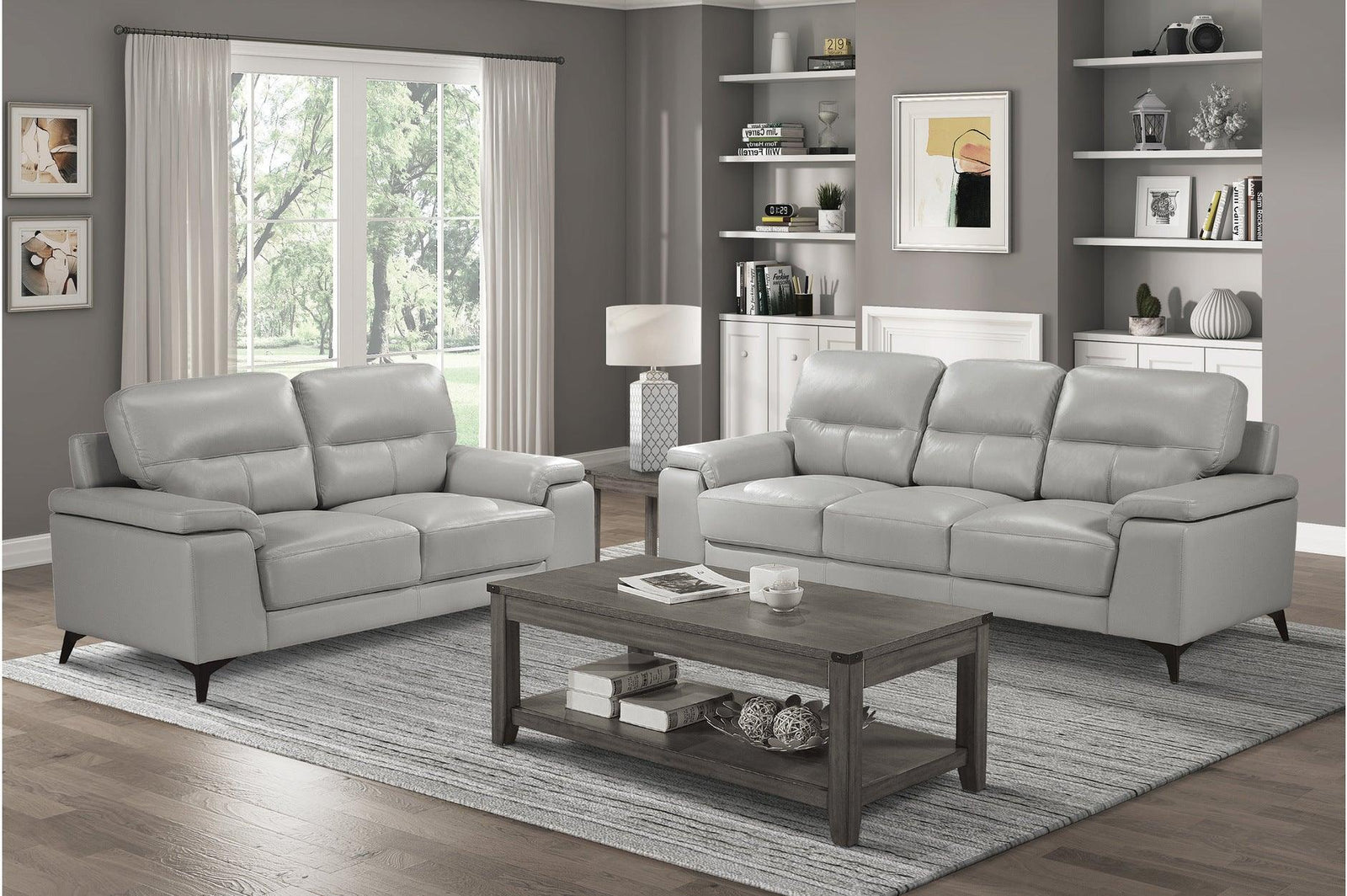 Mischa Silver Solid Wood And Plywood Top Grain Leather Upholstery 2Pc Set: Sofa, Love - Ella Furniture